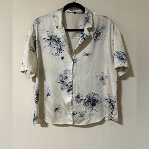 Express White Button-Up Shirt with Navy Floral Print